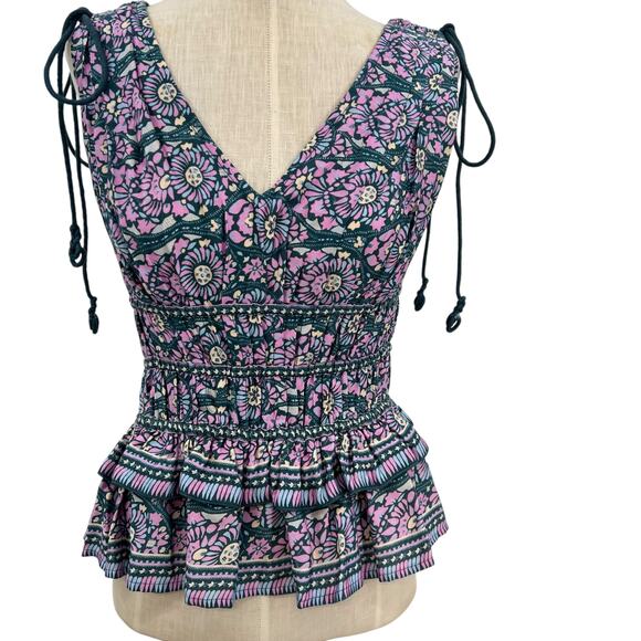 Omika Adaline Top Sleeveless Smocked Peplum Floral Print Blue Pink Green Size XS - Picture 3 of 9